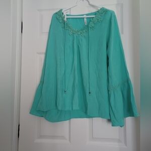 Teal NY Collection Womens Size 2X  Blouse with Floral Applique Accent And Tassel